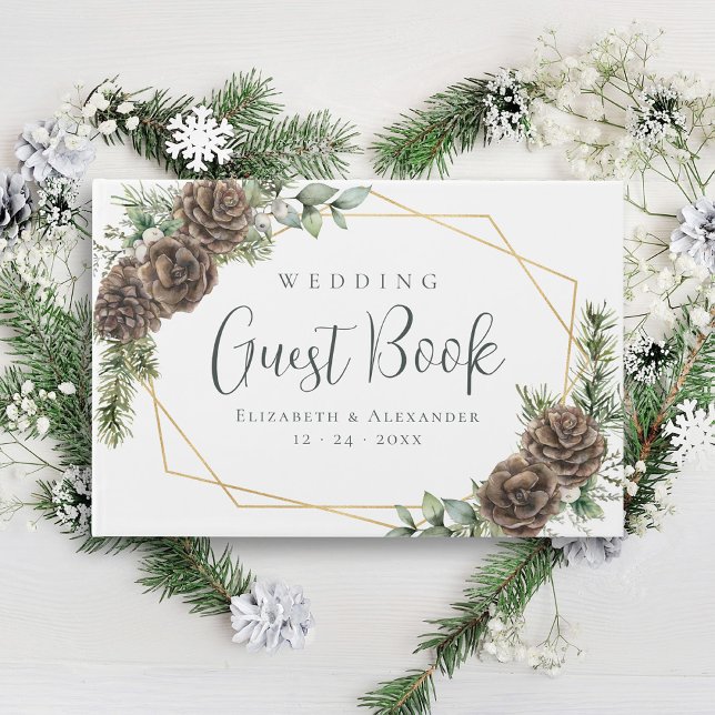 Winter Pine Cone Greenery Watercolor Wedding Guest Book (Creator Uploaded)