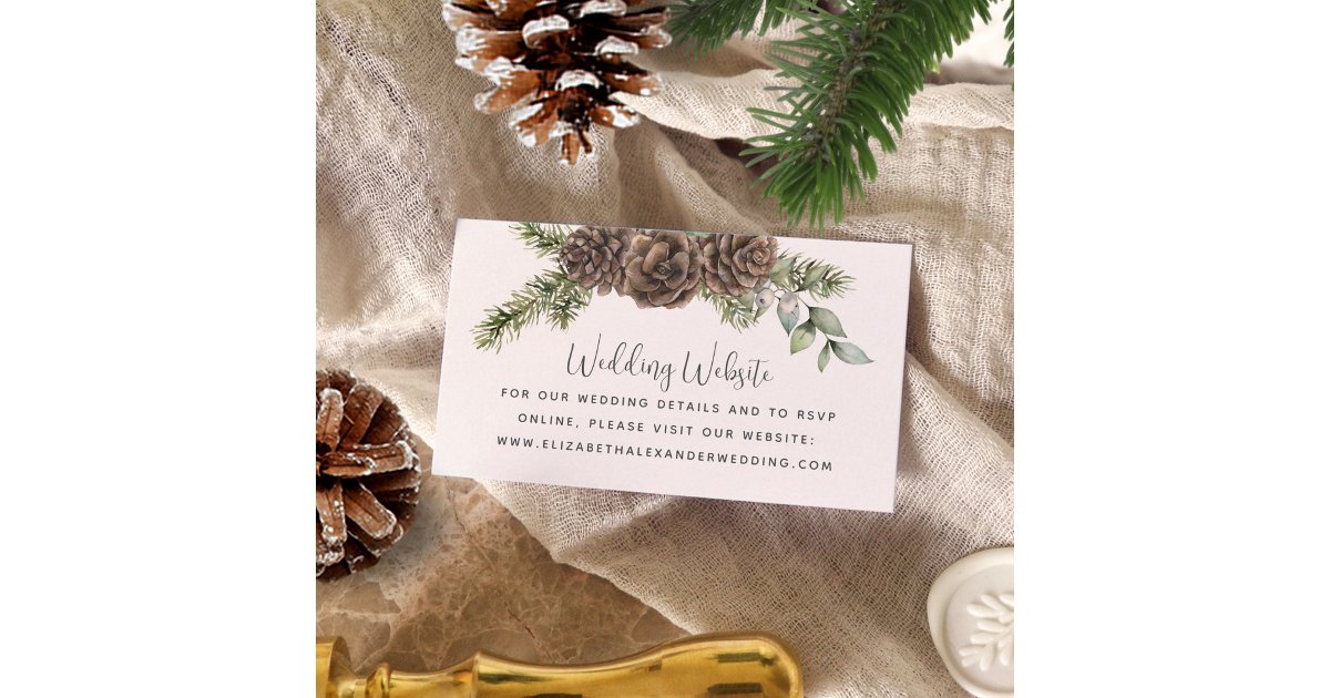 Winter Pine Cone Greenery Wedding Website Enclosure Card | Zazzle