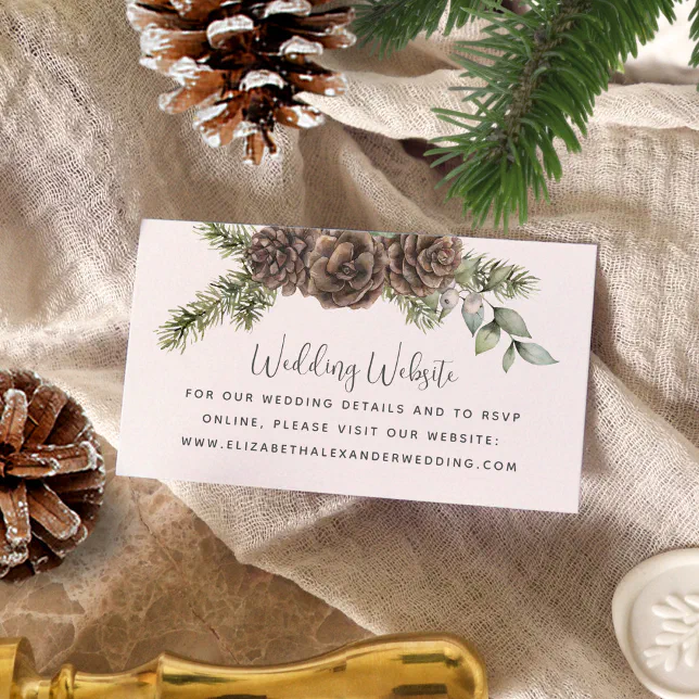 Winter Pine Cone Greenery Wedding Website Enclosure Card | Zazzle