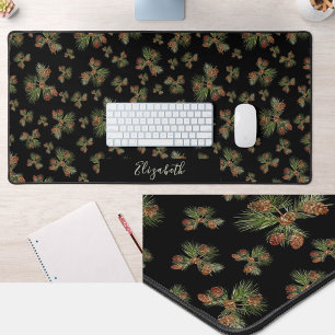 Winter Pine Cones Custom Name Greenery Desk Mat