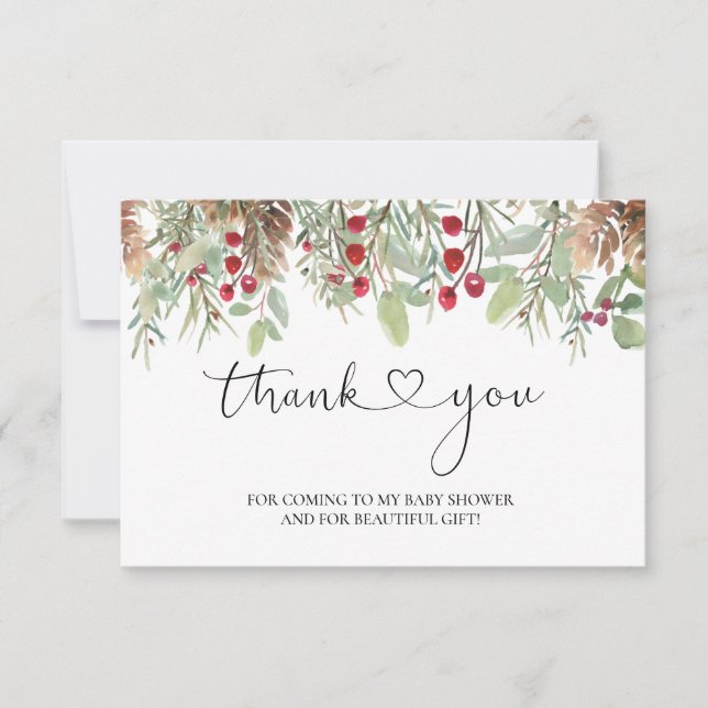 Winter Pine Cones Red Berry Baby Shower Thank You Card (Front)