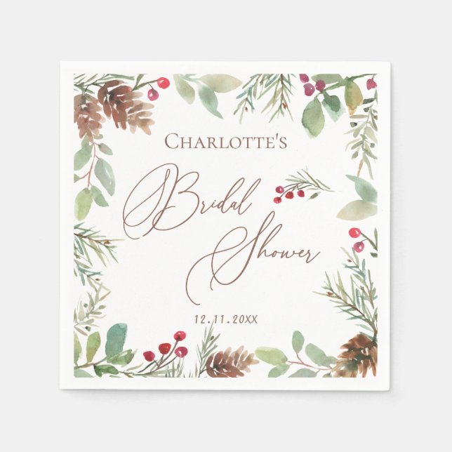 Winter Pine Cones Red Berry Bridal Shower   Napkins (Front)