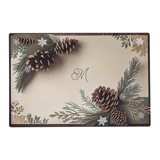 Winter Pine Cones Snowflakes Christmas Monogram Placemat (Front)