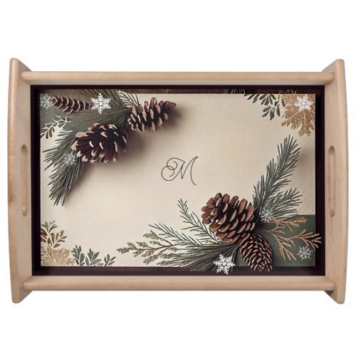 Winter Pine Cones Snowflakes Christmas Monogram Serving Tray