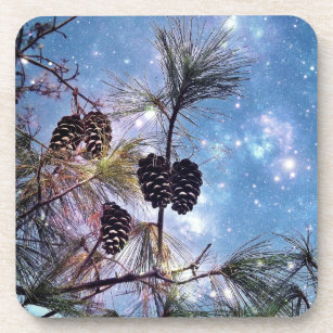 Winter Pine Cones under a starry night sky Beverage Coaster