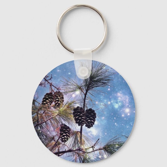 Winter Pine Cones under a starry night sky Keychain (Front)