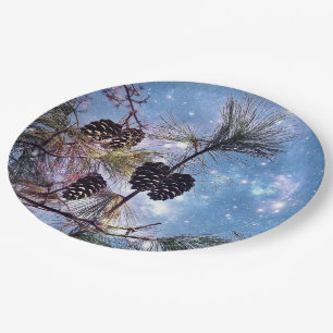 Winter Pine Cones under a starry night sky Paper Plates