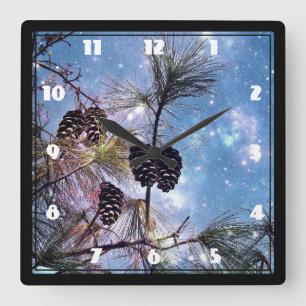 Winter Pine Cones under a starry night sky Square Wall Clock