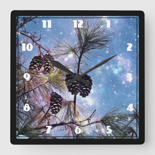Winter Pine Cones under a starry night sky Square Wall Clock (Front)