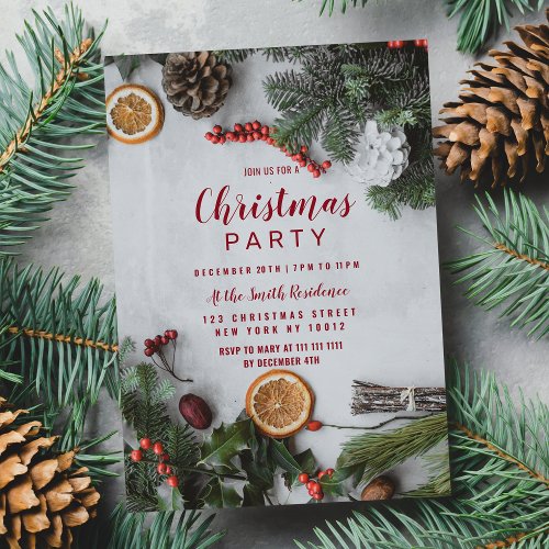 Winter Pine Cranberry Orange Pine Tree Christmas Invitation