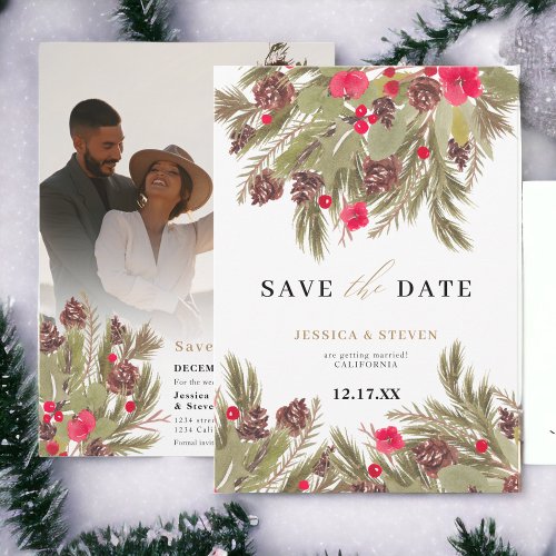 Winter pine elegance floral wedding save the date