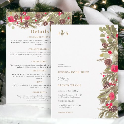 Winter pine elegance initial all in one Wedding Invitation
