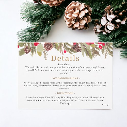 Winter pine elegance red green Wedding details Enclosure Card