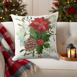 Winter Pine Floral Botanical Rustic Holiday Throw Pillow