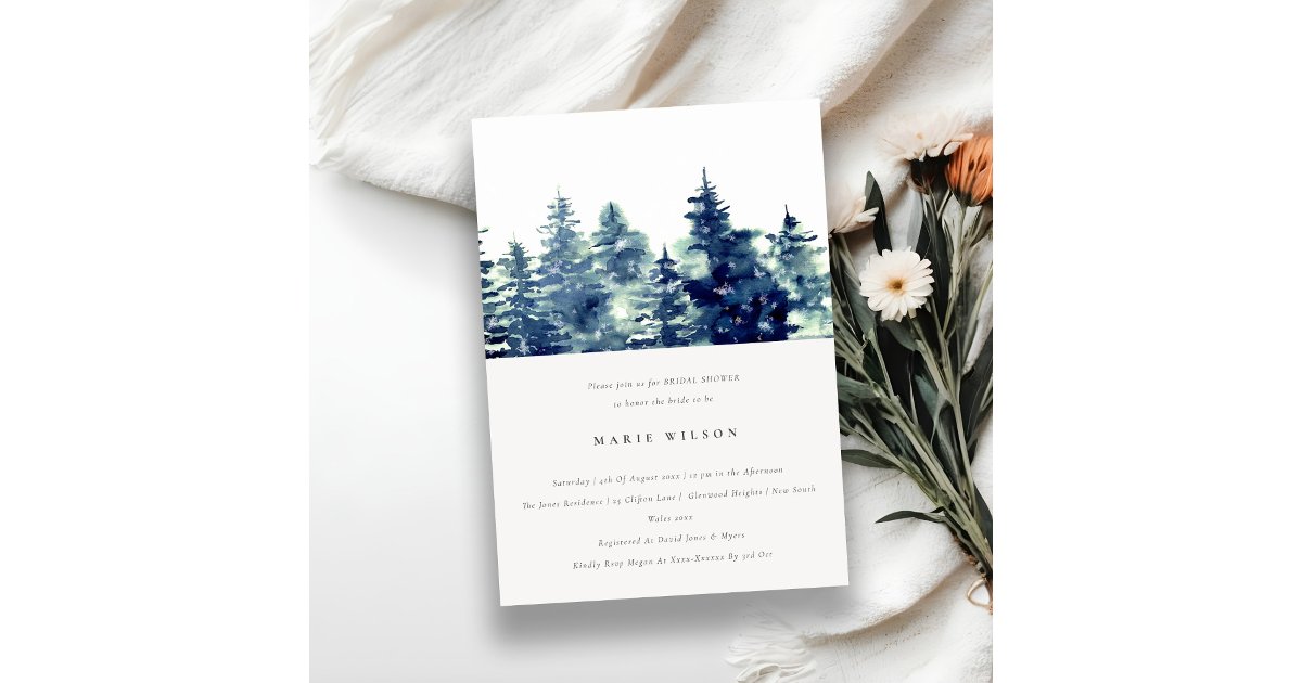 Winter Pine Forest Snow Watercolor Bridal Shower Invitation | Zazzle