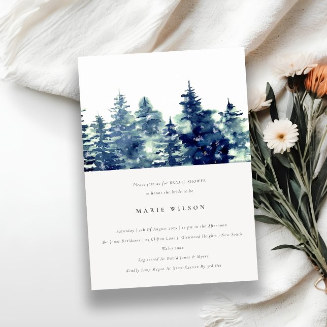 Winter Pine Forest Snow Watercolor Bridal Shower Invitation (Creator Uploaded)