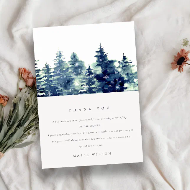 Winter Pine Forest Snow Watercolor Bridal Shower Thank You Card | Zazzle