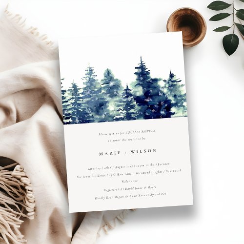Winter Pine Forest Snow Watercolor Couples Shower Invitation