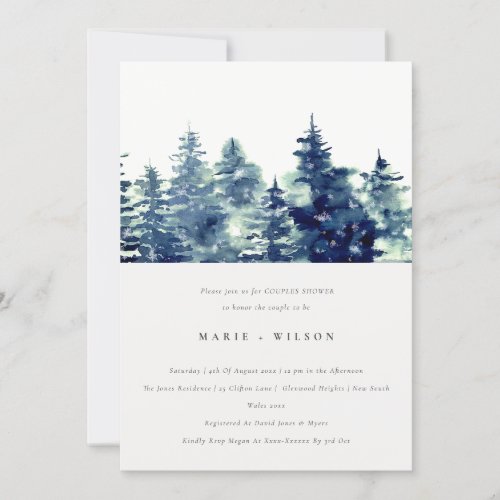 Winter Pine Forest Snow Watercolor Couples Shower Invitation