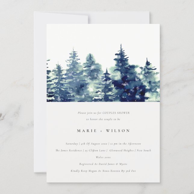 Winter Pine Forest Snow Watercolor Couples Shower Invitation (Front)