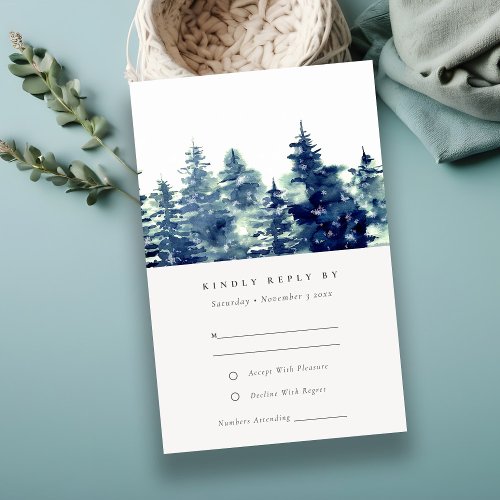Winter Pine Forest Snow Watercolor Wedding RSVP