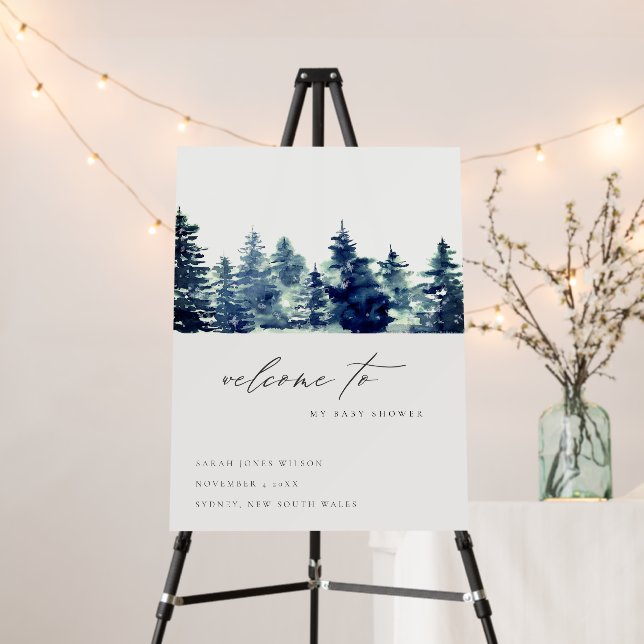 Winter Pine Forest Snowfall Baby Shower Welcome Foam Board (In Situ (Stand))