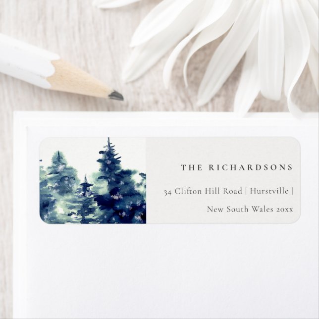 Winter Pine Forest Snowfall Watercolor Address Label (Insitu)