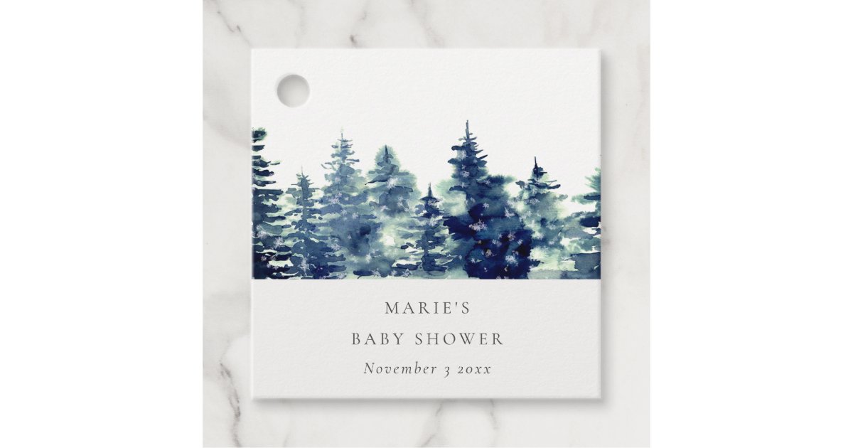 Winter Pine Forest Snowfall Watercolor Baby Shower Favor Tags | Zazzle