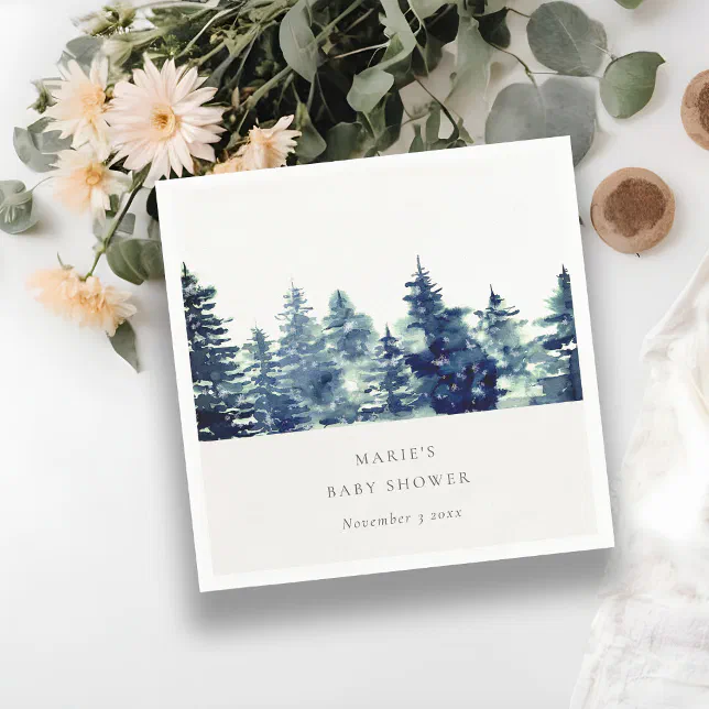 Winter Pine Forest Snowfall Watercolor Baby Shower Napkins | Zazzle