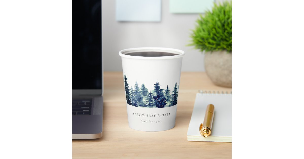 Winter Pine Forest Snowfall Watercolor Baby Shower Paper Cups | Zazzle