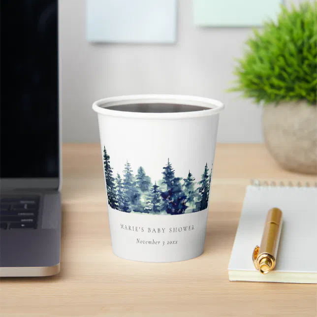 Winter Pine Forest Snowfall Watercolor Baby Shower Paper Cups | Zazzle