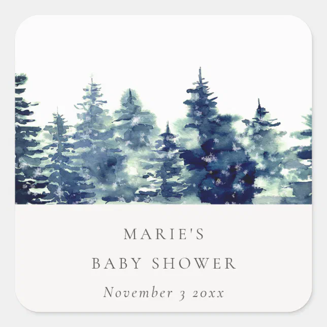 Winter Pine Forest Snowfall Watercolor Baby Shower Square Sticker | Zazzle