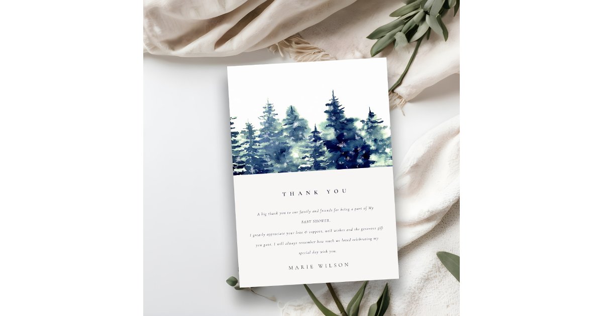 Winter Pine Forest Snowfall Watercolor Baby Shower Thank You Card | Zazzle