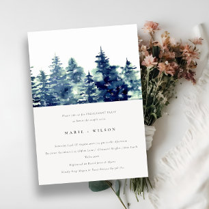 Winter Pine Forest Snowfall Watercolor Engagement Invitation