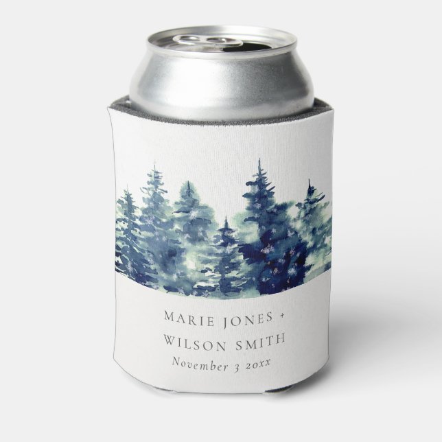 Winter Pine Forest Snowfall Watercolor Wedding Can Cooler (Can Back)