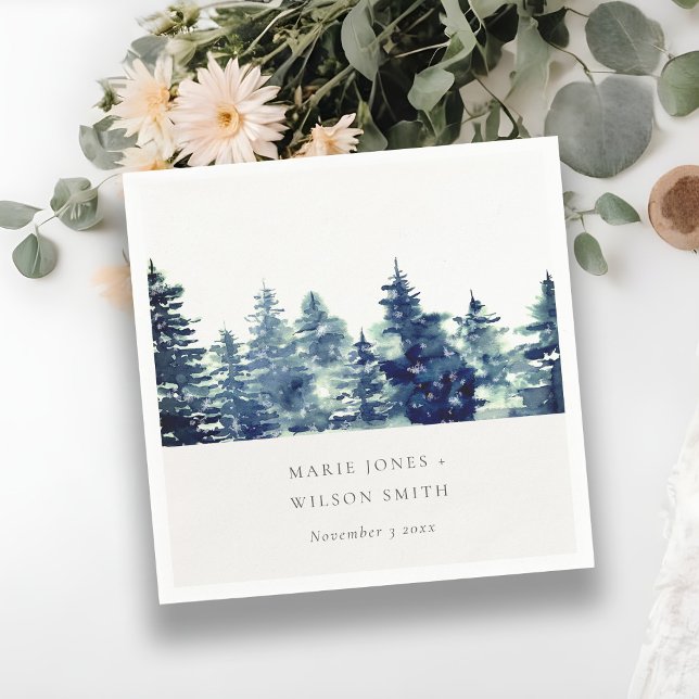 Winter Pine Forest Snowfall Watercolor Wedding Napkins (Creator Uploaded)