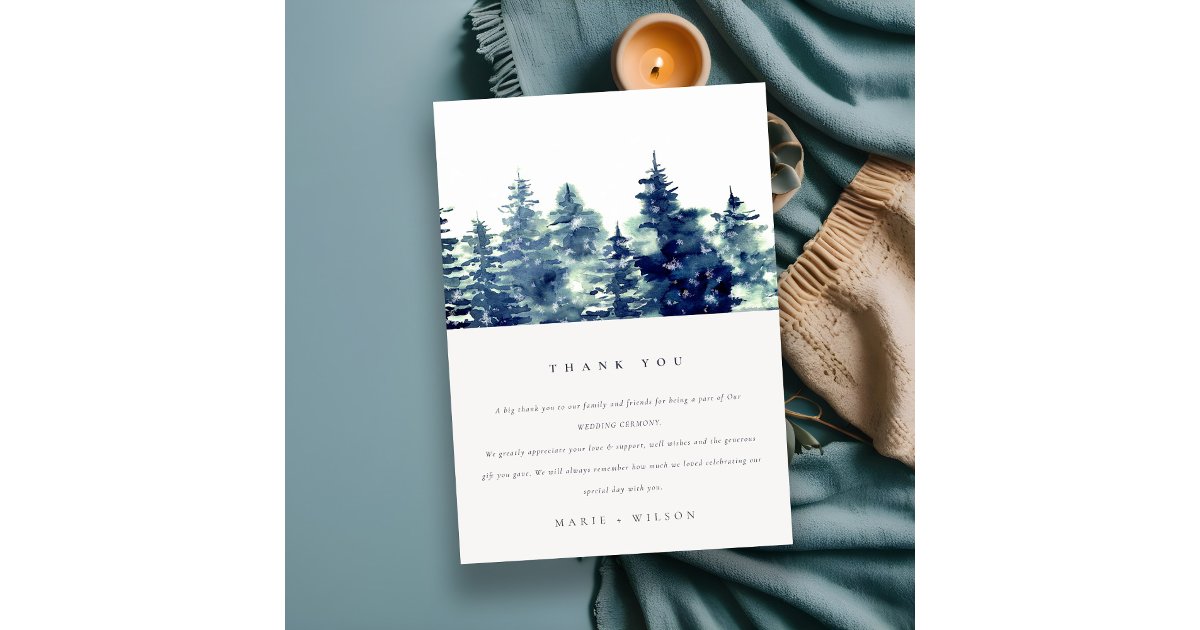 Winter Pine Forest Snowfall Watercolor Wedding Thank You Card | Zazzle