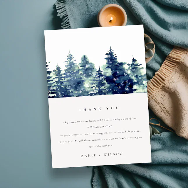 Winter Pine Forest Snowfall Watercolor Wedding Thank You Card | Zazzle