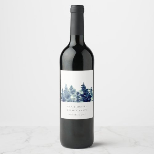 Winter Pine Forest Snowfall Watercolor Wedding Wine Label