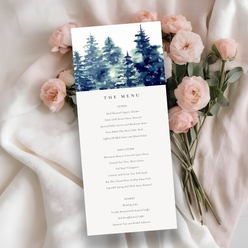 Winter Pine Forest Snowfall Wedding Menu Card
