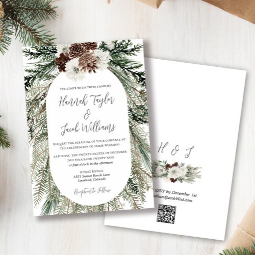 Winter Pine Forest Wedding with QR Code RSVP Invitation