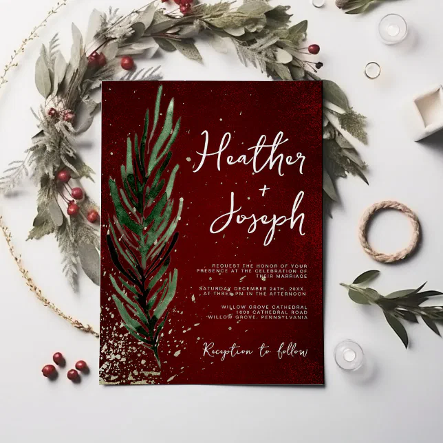 Winter Pine & Gold Christmas Festive Wedding Invitation | Zazzle