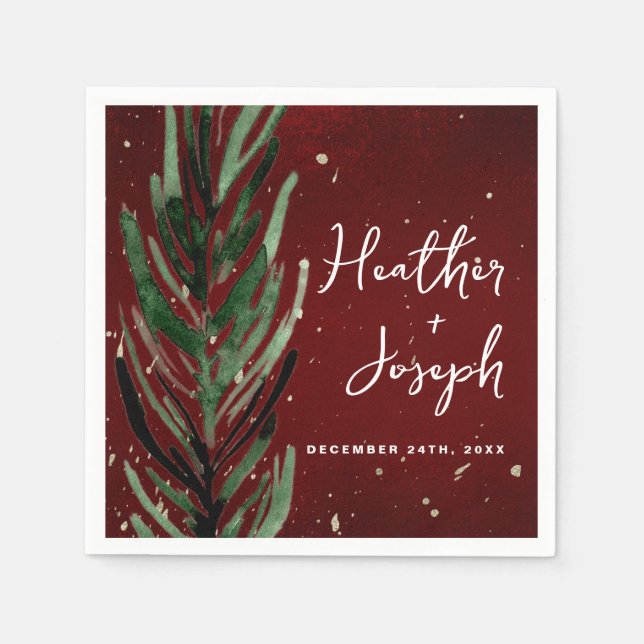 Winter Pine & Gold Christmas Festive Wedding Napkins (Front)