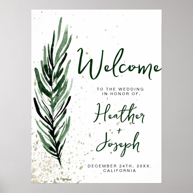 Winter Pine & Gold Christmas Festive Wedding Poster (Front)