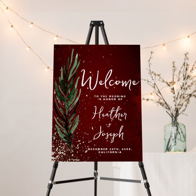 Winter Pine & Gold Christmas Wedding Welcome sign (In Situ (Stand))