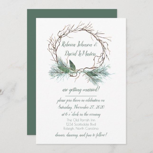 Winter Pine Grapevine Wreath Wedding Invitation (Front/Back)