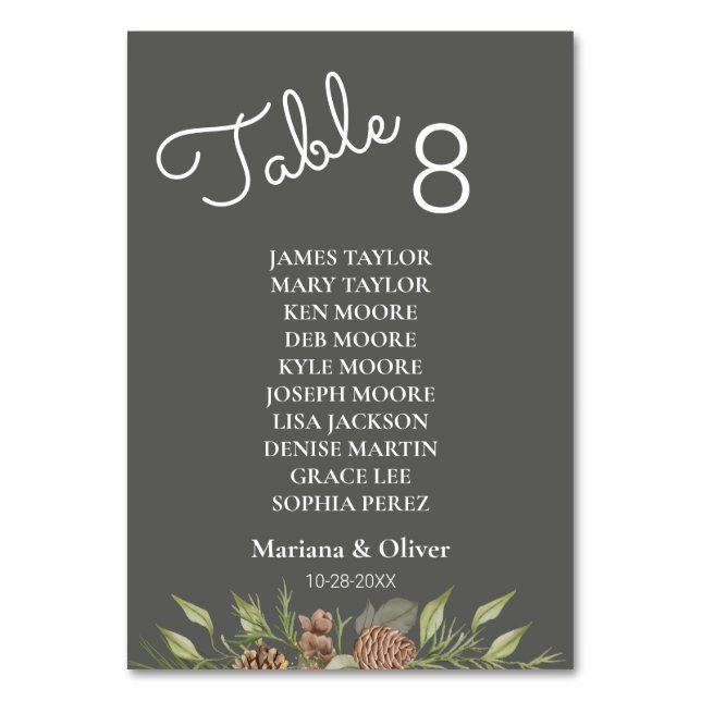 Winter Pine Gray Table Number Card with Names (Front)