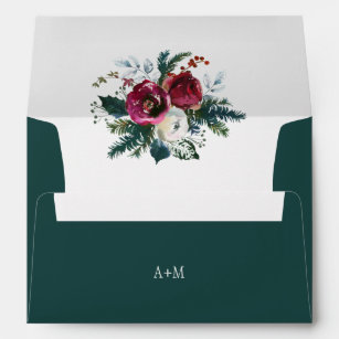 Winter pine green floral elegant wedding monogram envelope