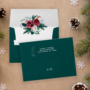 Winter pine green floral elegant wedding monogram envelope