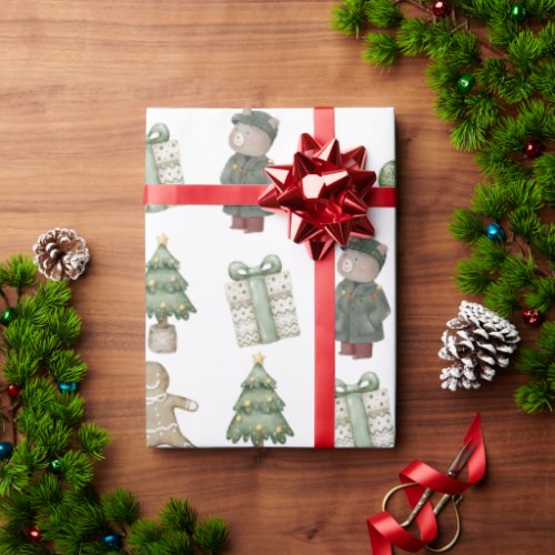 Winter Pine Green Tree Christmas Bear  Wrapping Paper
